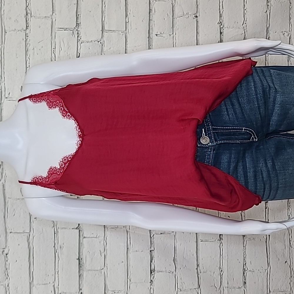 Free People Only With You Lace Trim Silk V-Neck Cami Lace Racer Back in Red